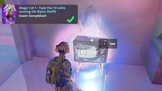 Tune The TV while wearing the Bytes Outfit - Bytes Quests Fortnite