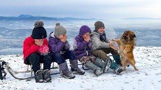 Hard life of a family of 7 children in a mountain village in winter. Life is far from civilization