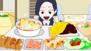 School Lunch Mukbang (Jjajang Fried Rice, Fish Cakes, Chicken Skewers) | Animation ASMR