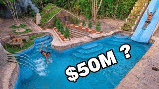 90 Days Build Underground Hut with Grass Roof and Swimming Pool with Waterslide