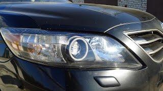 Toyota Camry XV50 тюнинг фар установка би светодиодных модулей Optima Bi LED Lens, ангельскх глазок.