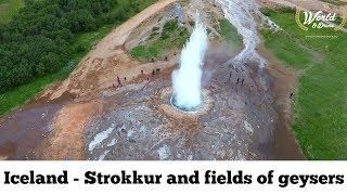 Iceland  Strokkur Geysir Golden Circle fields of geysers from drone