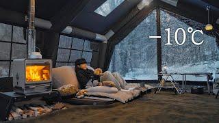 -10℃ Camping in Snow Field with My Dog . 2-Room Inflatable Tent . Wood Stove ASMR