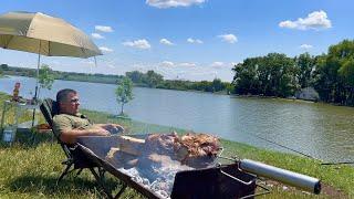 Fishing / Juicy Barbecue / Delicious lunch in the fresh air. Meat on a spit / ASMR / Lamb recipe