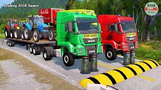 Double Flatbed Trailer Truck vs speed bumps|Busses vs speed bumps|Beamng Drive|410