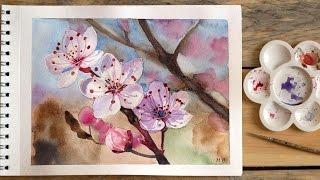 Drawing Watercolor Flowers  Рисуем цветы акварелью "Веточка цветущей вишни"