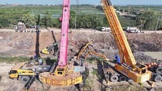 Long Arm Excavator Stuck In Deep Mud Use 2 Crane Recovery SANY 25OTON, KATO 120Ton Fail Rescue