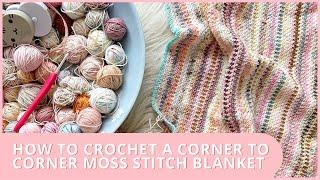 How to Crochet // Corner to Corner Moss Stitch/Linen Stitch // Scrap Yarn Blanket