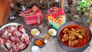 MUTTON CURRY cooking and eating by santali tribe women for their lunch menu||rural village India