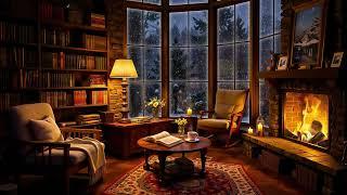  Winter Night in Cozy Reading Nook with Soft Jazz Music & Fireplace Sounds for Relaxation, Sleeping