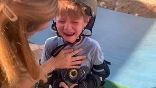 First drop in on skateboarding halfpipe ramp overcome with emotion