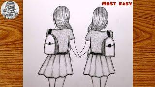 Best friendsPencil Sketch Tutorial|How to draw two friends Holding Hands|Easy Bff drawing