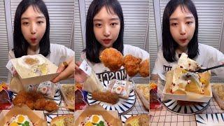 Fried chicken Skewers, Sandwich, Japnese onigiri, Cheesecake - Liling mukbang