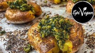 Perfect Vegan side dish - Smashed potatoes with pesto