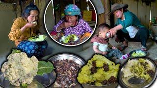 Cauliflower and Buff dry meat recipe | nepali mountain village life food | nepali food eating video