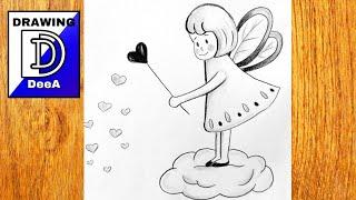 How to draw little Fairy with Hearts || Very Easy Pencil Drawing tutorial step-by-step for beginners