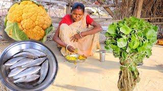 Bata Fish Curry with yellow Cauliflower and Punka shak vaji cooking and eating by santali grandmaa