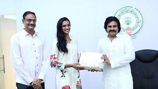 PV Sindhu presented the wedding invitation card to the Deputy CM Sri #PawanKalyan at the Camp office