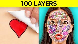 100 LAYERS CHALLENGE! Best 100+ Coats of Makeup, Hairspray, Duct Tape, Tattoos by 123 GO! CHALLENGE