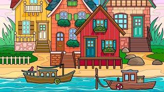 City Houses with Boats by the Ocean Hey Color app Paint by Numbers online #colorwithme #relaxing