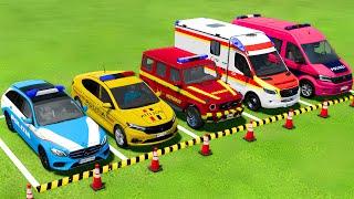 TRANSPORTING POLICE CARS and AMBULANCE EMERGENCY VEHICLES WITH MAN TRUCKS ! Farming Simulator 22