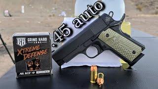 .45 auto Grind Hard Xtreme Defense 111gr +P Ballistics Gel Test