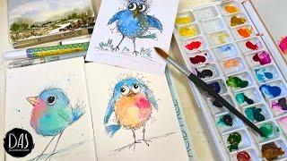 How to create easy Blobby Bird Paintings - line and wash for everyone