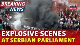 Serbian Parliament LIVE: Lawmakers Injured as Smoke Bombs & Flares Erupt | N18G