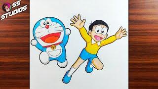 How to Draw Doraemon and Nobita in happy mooda Easy Step by Step || Doraemon Drawing