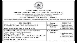 IDOL Mumbai University Admission 2021 22