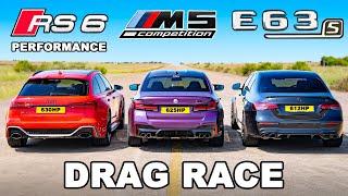 New Audi RS6 Perf v BMW M5 v AMG E63 S: DRAG RACE