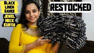 ⭐️⭐️ഓടിവായോ Restock വന്നിട്ടുണ്ട്..Black Linen Saree | Krazy Beads #onlineboutique By Akhila savio