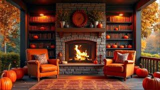 Cozy Autumn Forest Living Room  Soft Piano and Fireplace Ambience for Relaxing and Reading