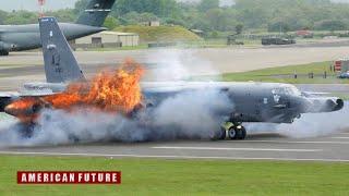 American Air Force B-52 Bomber Blows Up Its Wings For Take-off