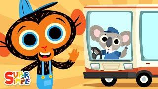 The Wheels On The Bus featuring Mr. Monkey | Kids Vehicle Song | Super Simple Songs