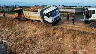 Incredible! Shacman Dump Trucks stuck heavy recovery by Shantui Bulldozer, Fill Land Making New Road