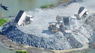 Wheel Loader SDLG Push Rock In Water With Truck SHACMAN Many DeliveryRock Filling Lake