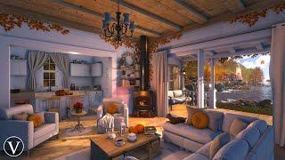 Cozy Autumn Cottage Interior | Day & Sunset Ambience | Woodstove Fire, Ocean Waves & Seagull Sounds