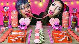 ASMR *RED + PINK* Candy Hearts Race, Chocolate Roses, Unicorn Pudding, Sugar Straws MUKBANG 먹방