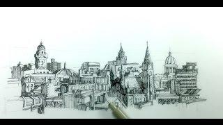 How to draw a panoramic city skyline or cityscape with buildings