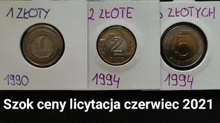 Szok ceny monet obiegowych Licytacje Czerwiec 2021 1 złoty 1990  2 złote 1994 5 złotych 1994