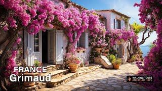Grimaud FRANCE - French Village Tour - Flowered Beautiful Villages in France - 4k video walk