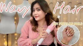 SHOPEE FINDS | How I curl my hair using Automatic Hair Curler + KISS New York Press on nails