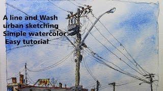 A line and Wash urban sketching Simple watercolor tutorial Great beginner lesson