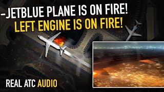 Engine BURST INTO FLAMES on takeoff at Kennedy, JFK. REAL ATC