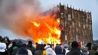 Гигантское чучело в форме куба сожжено на Масленицу в Калужской области!