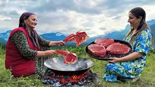 Cooking Beef Marble Meat Steaks! Outdoor Country Family Dinner in the Wild Mountains