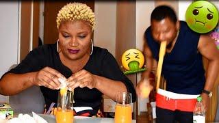 RAW EGG IN ORANGE JUICE PRANK ON MY HUSBAND TO SEE HIS REACTION!!GONE WRONG