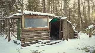 FIRST BIG SNOWFALL at  FORT IN THE WOODS Tarp and Pallet Door, Permanent Pothook, Huge Tree Removal.