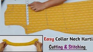 Collar Neck Kurti/Suit Cutting and Stitching | Front button placket kurti cutting and stitching